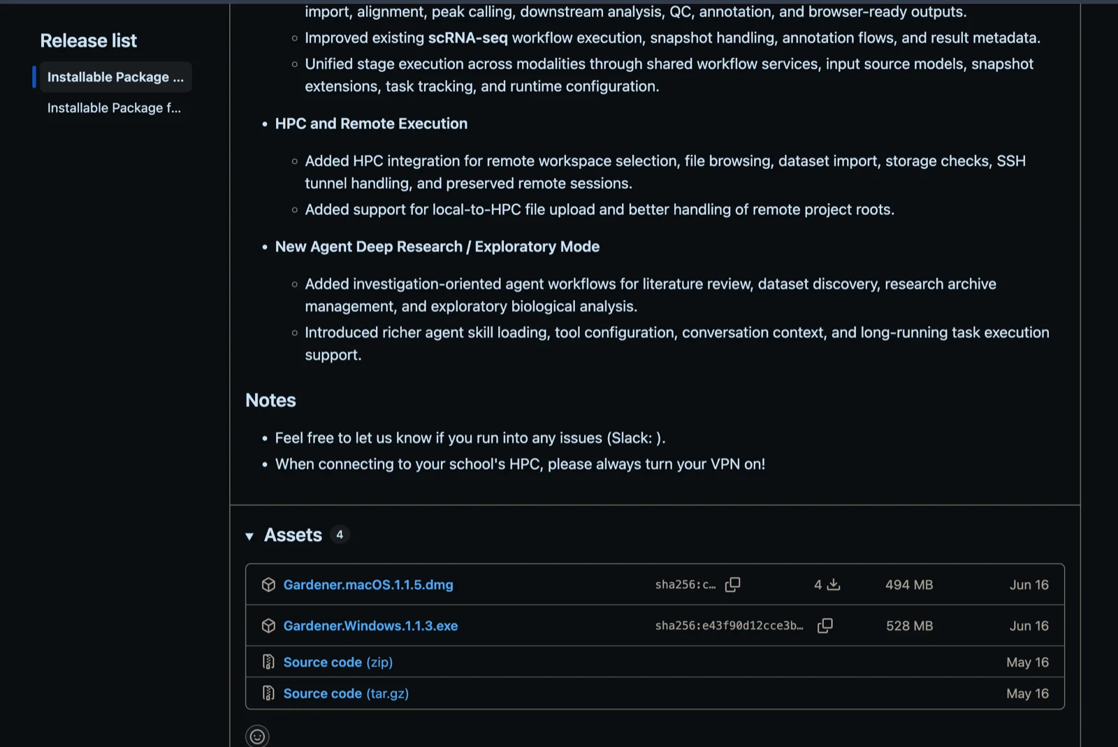 Gardener GitHub Releases page listing the .dmg and .exe assets