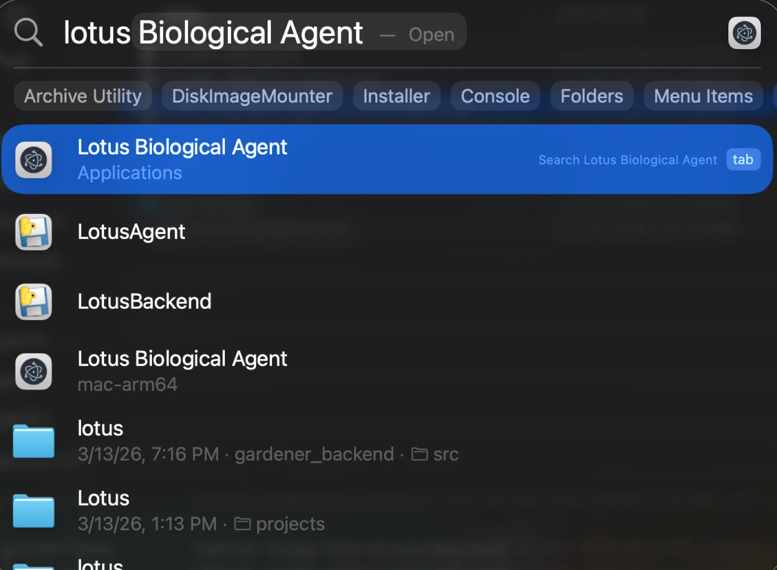 Spotlight search opening Lotus Biological Agent
