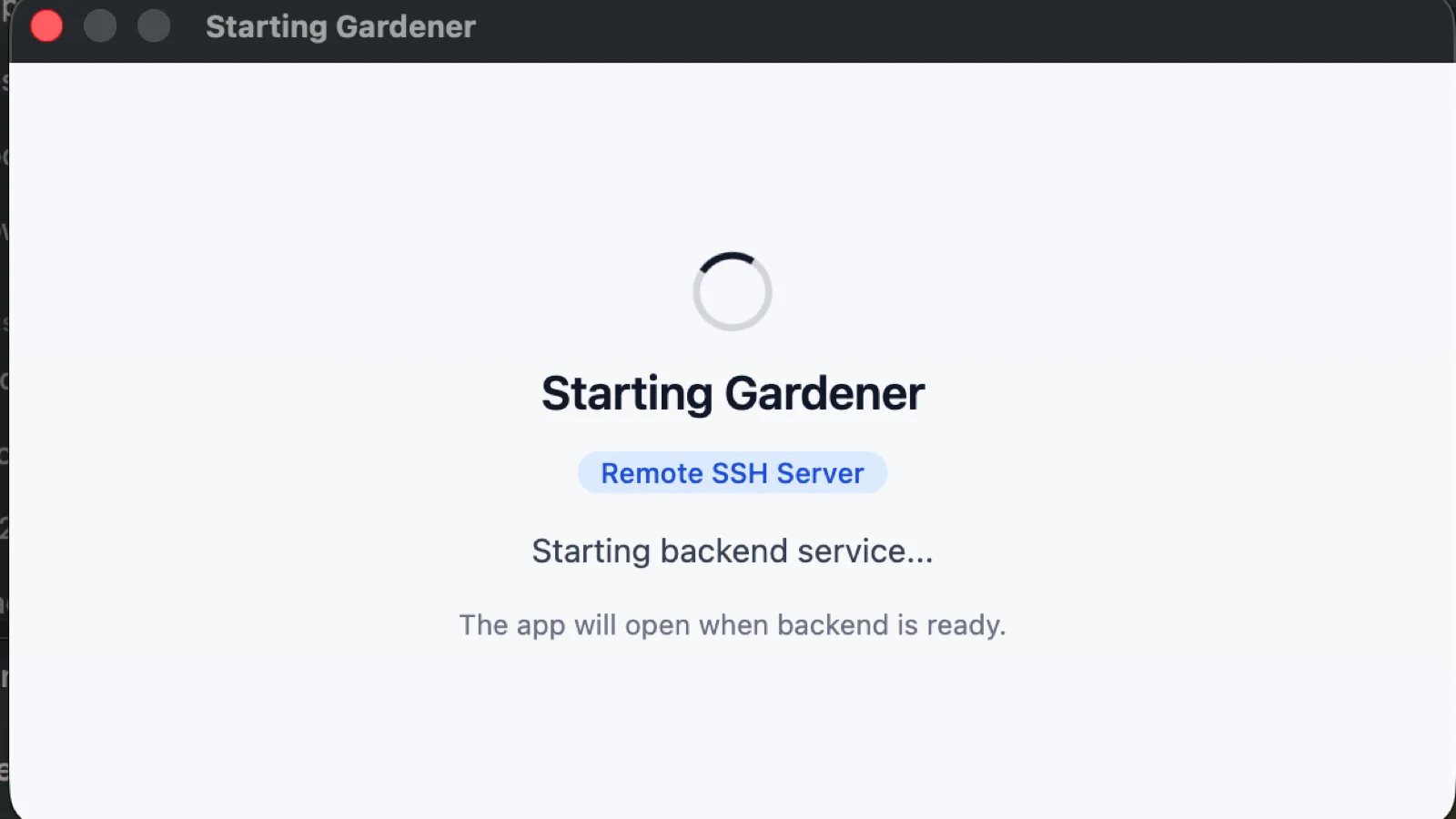Gardener landing page after the backend starts