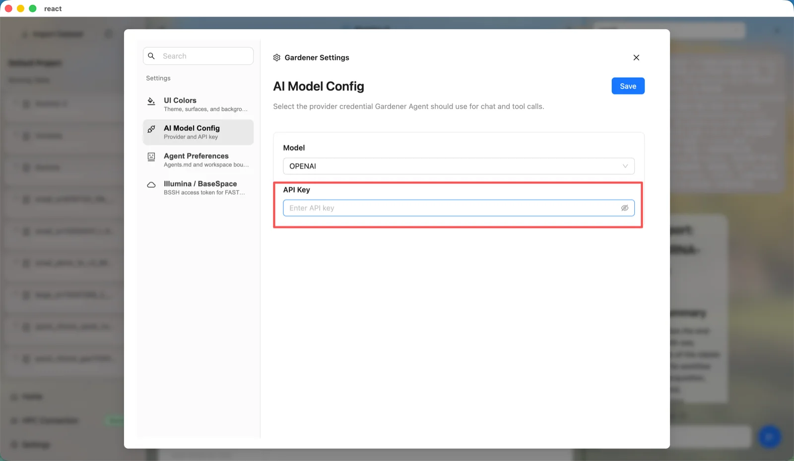 Settings screen showing AI Model Config with provider and API key fields