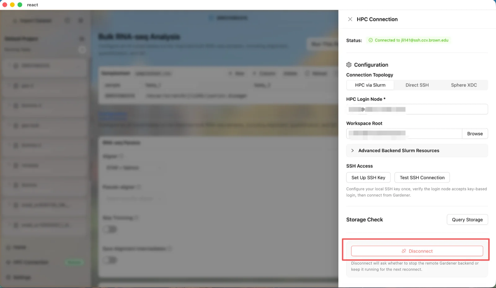 Disconnect dialog offering to close or keep the remote HPC process